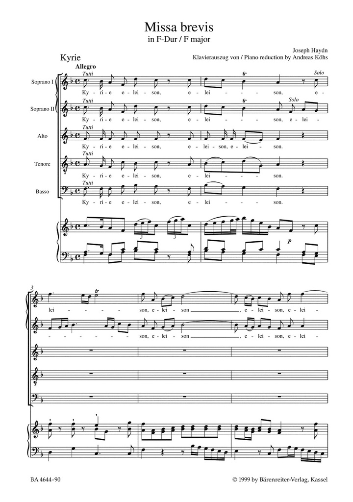 Missa brevis in F, Hob.XXII:1 (Vocal score, Urtext edition)