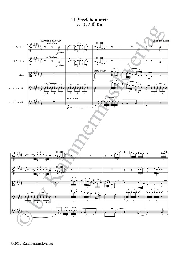 Quintett für 2 Violinen, Viola und 2 Violoncelli, E-Dur, op. 11/5, G.275 (Score & Parts)