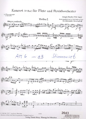 Konzert D-Dur für Flöte und Streichorchester - Set of Parts  (Cembalo und 3-3-2-2-1)