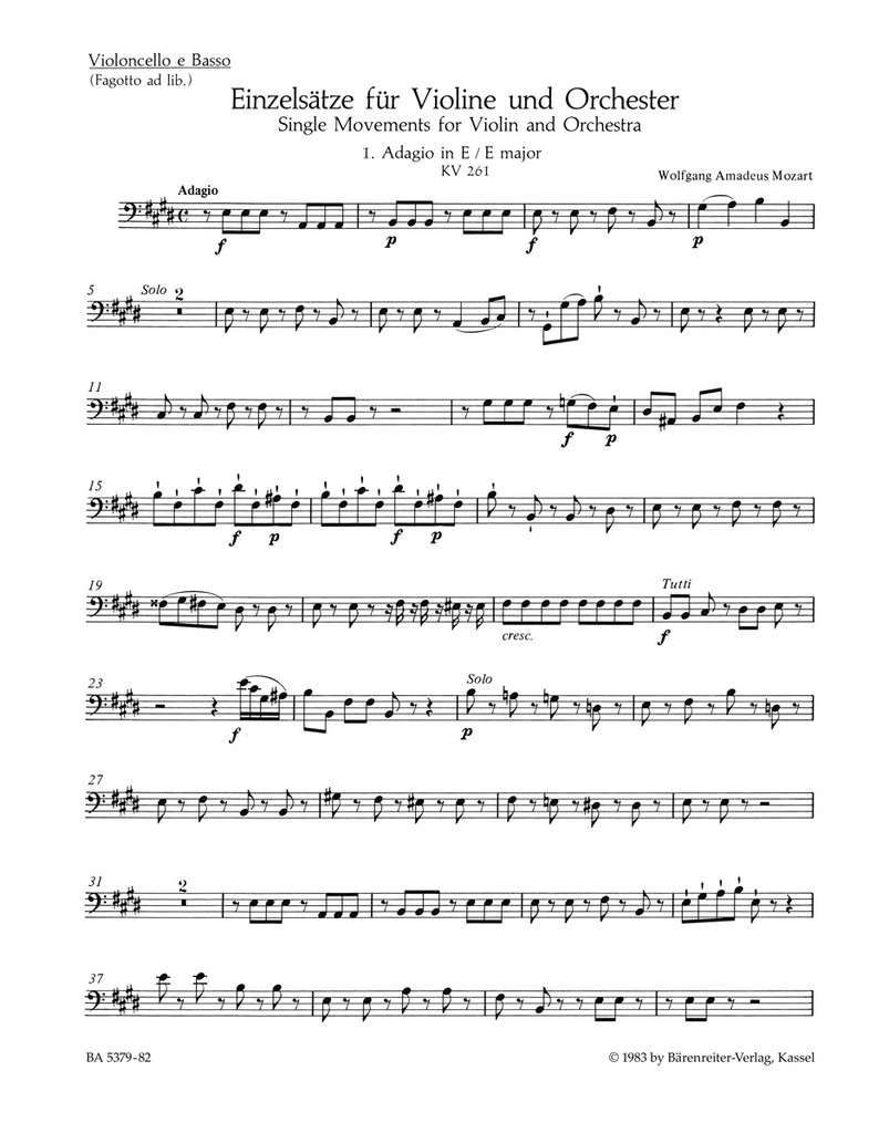 Single Movements for Violin and Orchestra K. 261, 269 (261a), 373 (Violoncello, double bass)