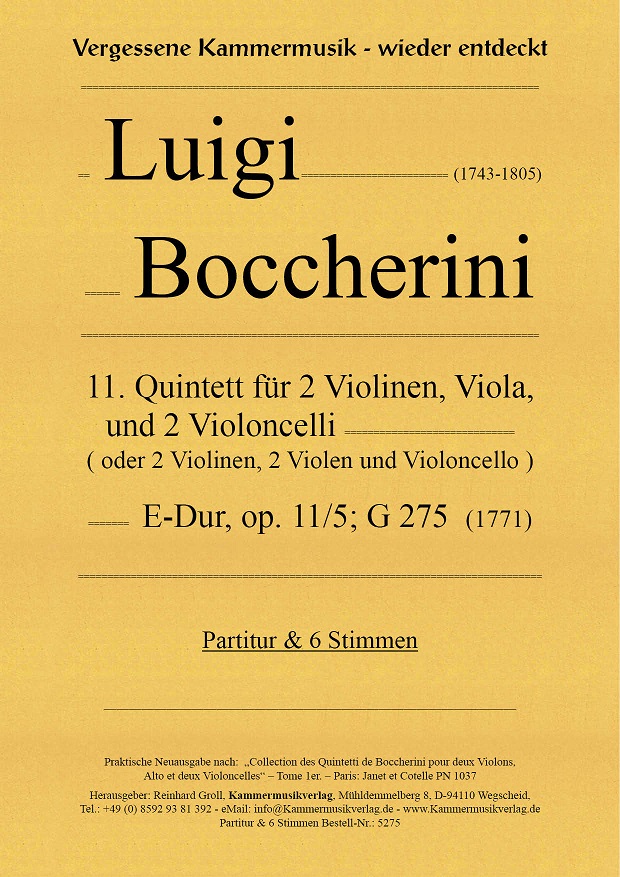 Quintett für 2 Violinen, Viola und 2 Violoncelli, E-Dur, op. 11/5, G.275 (Score & Parts)