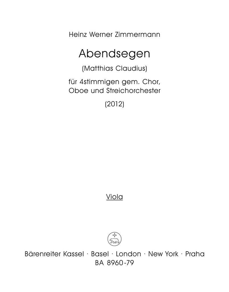 Abendsegen for four-Part Mixed Choir, Oboe and String Orchestra (2012) (Viola)