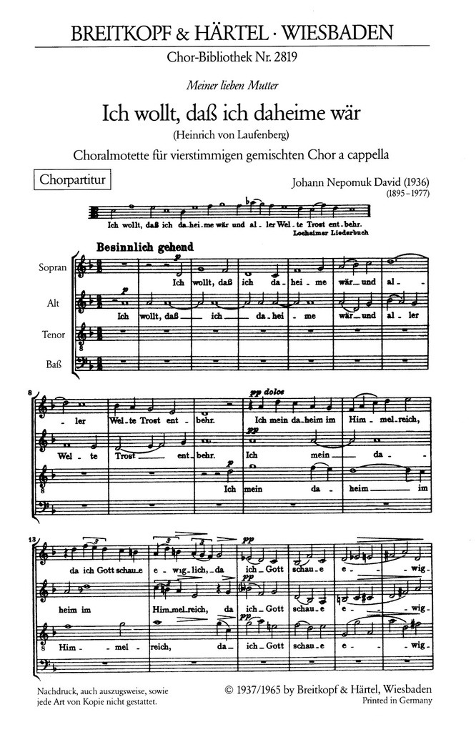 Ich wollt, dass ich daheime waer (Choral score)