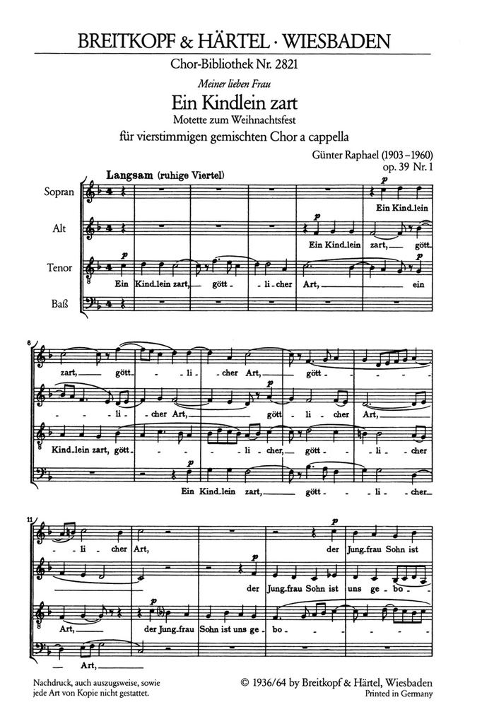 Ein Kindlein zart, Op.39/1 (Choral score)