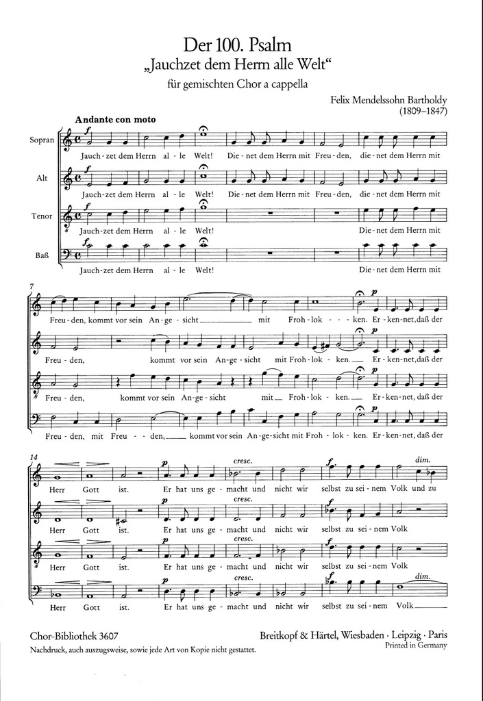 Psalm 100, MWV.B 45 Jauchzet dem Herren alle Welt (Choral score)