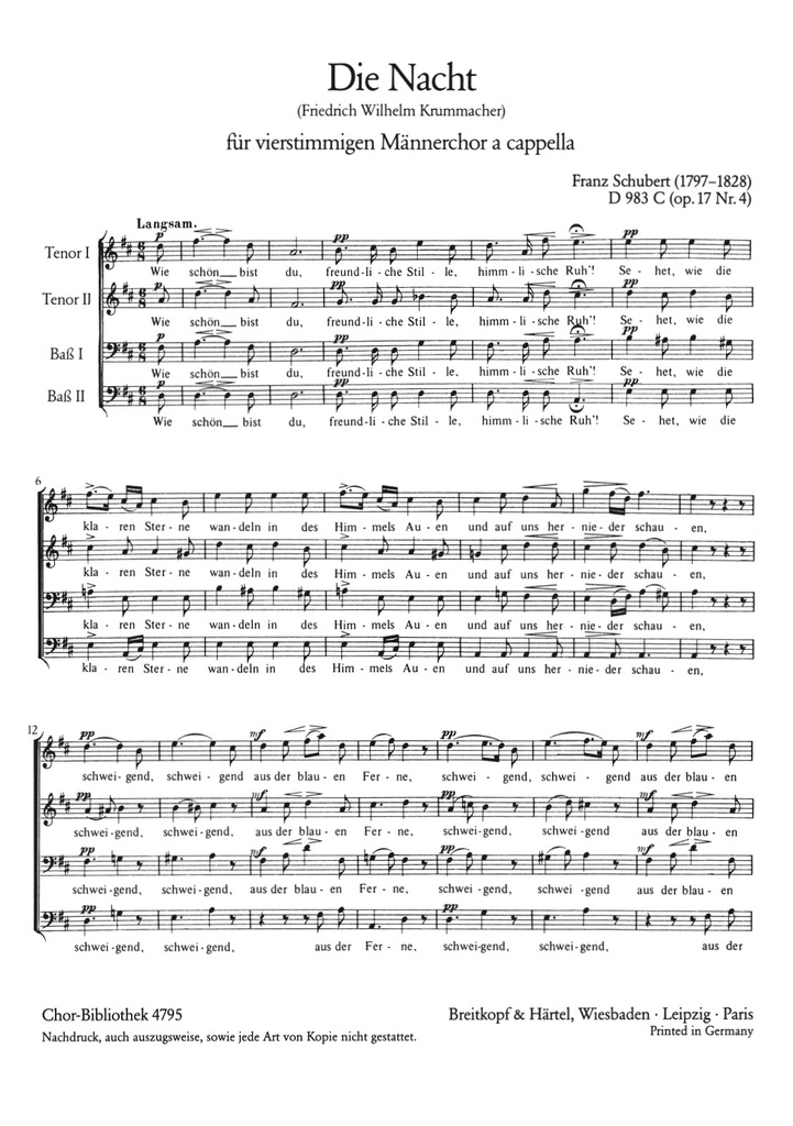 Die Nacht, D.983 C [Op. 17/4] (Choral score)