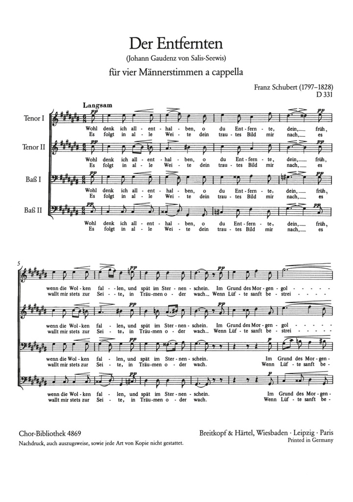 Der Entfernten, D.331 (Choral score)