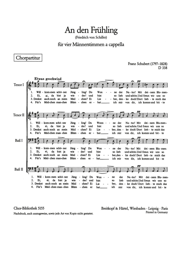 An den Fruehling, D.338 (Choral score)