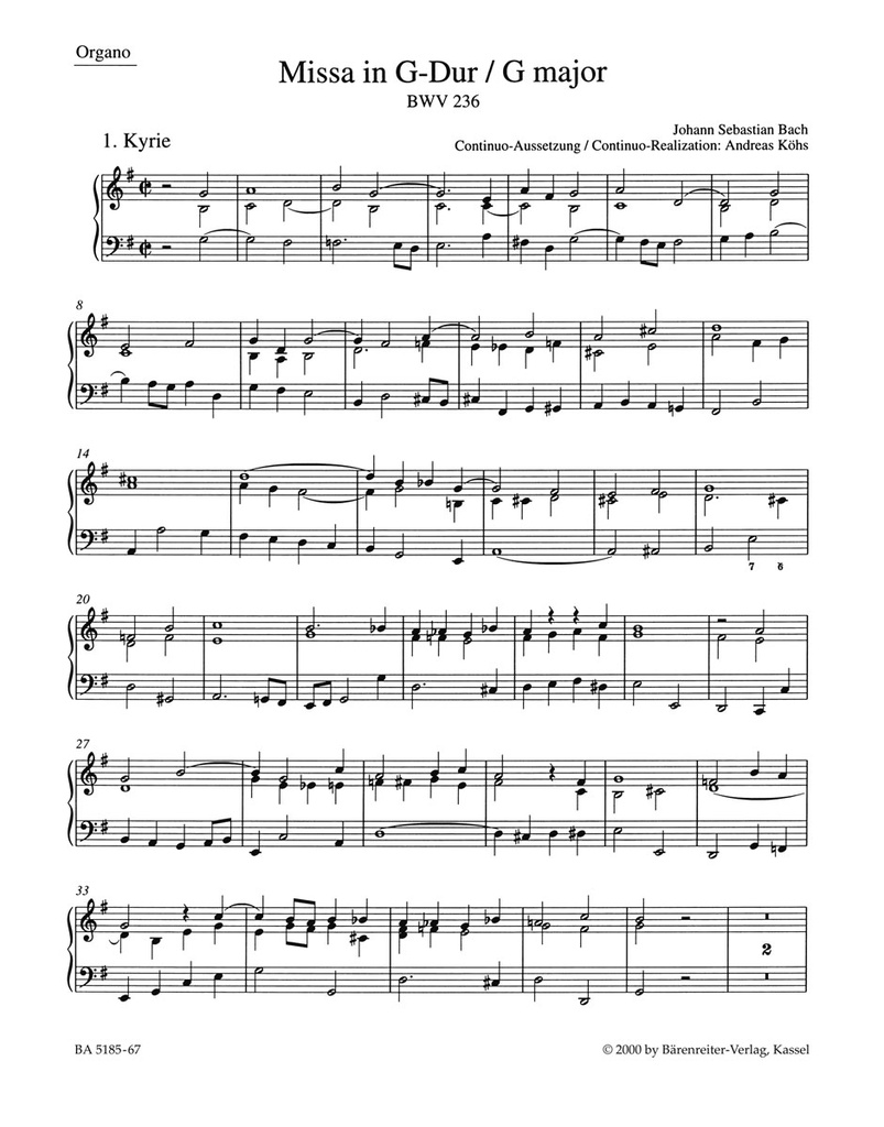 Mass G major, BWV.236 'Lutheran Mass 4' (Organ part)