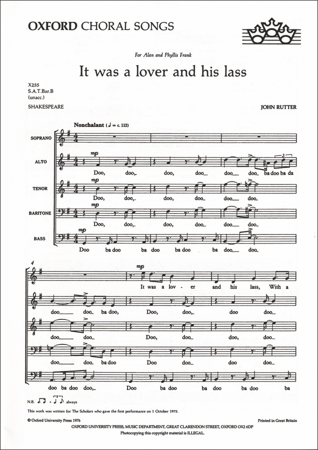 It was a lover and his lass (No.1 of 'Birthday Madrigals)