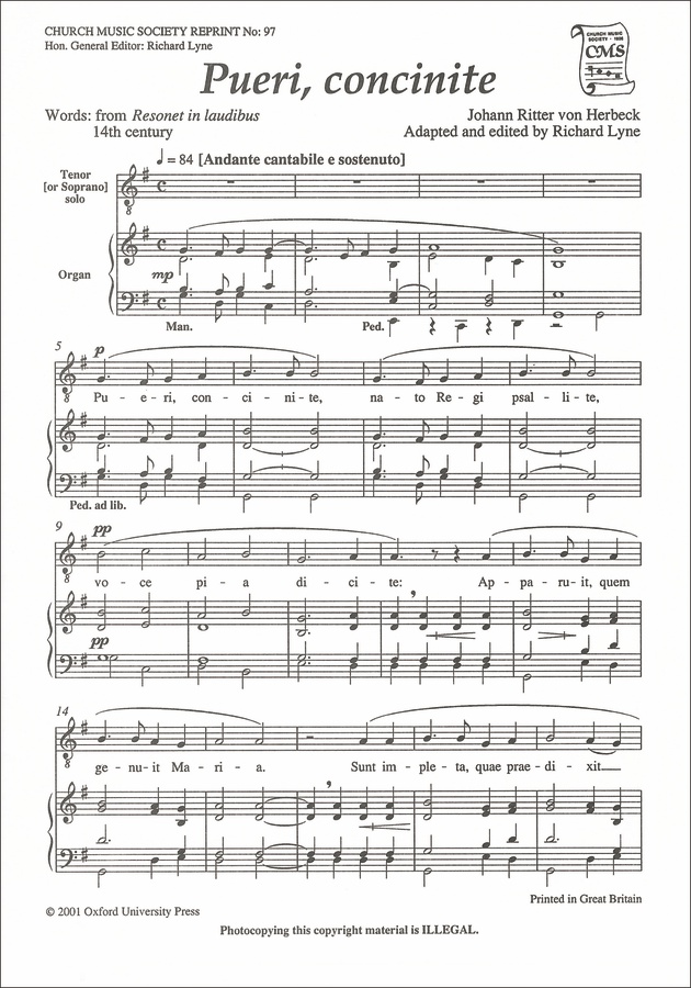 Pueri Concinite (Vocal score)